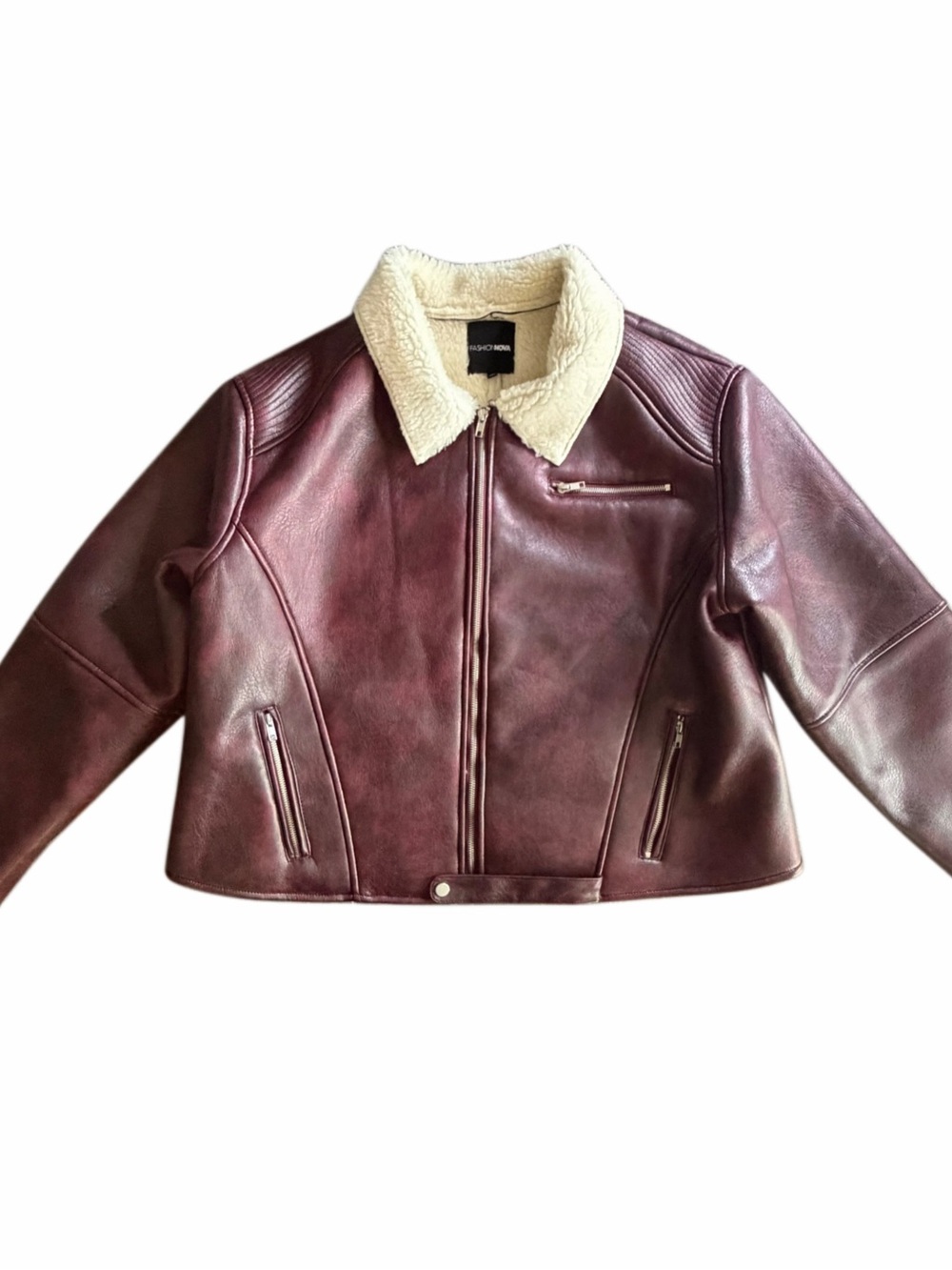 Fashion Nova Womens 2X Burgundy Faux Leather Moto Jacket Sherpa Lined Biker